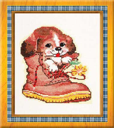 Набор для вышивания крестом ОВЕН "Щенок в ботинке" 050