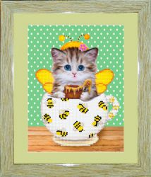 БСА4/рп-002 Алмазная мозаика ТМ Наследие с рамкой и паспарту "Котенок в кружке (пчелки)"