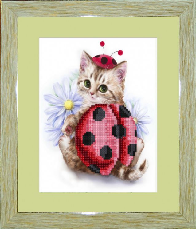 БСА4/рп-022 Алмазная мозаика ТМ Наследие с рамкой и паспарту "Котенок божья коровка"