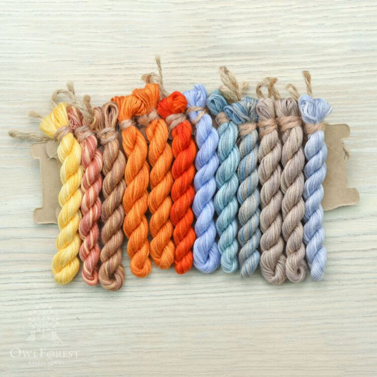 НМул-ВСлн-2322 Набор ниток OwlForest для схемы «Вокруг Солнца» (ПНК) 28, 32, 36 каунт в 2 нити